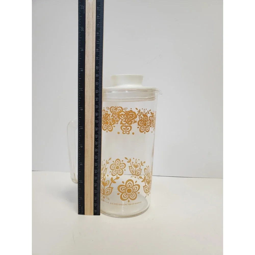 Vintage Pyrex Butterfly Flower Gold Glass Pitcher/Carafe Handle Stopper Lid